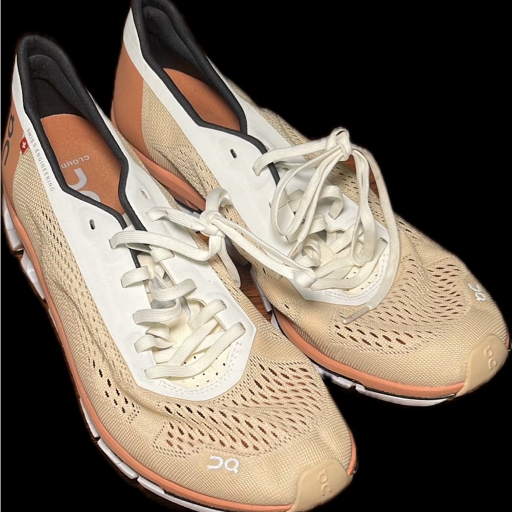 On Running Cream and Tan Athletic Shoes with Breathable Design
